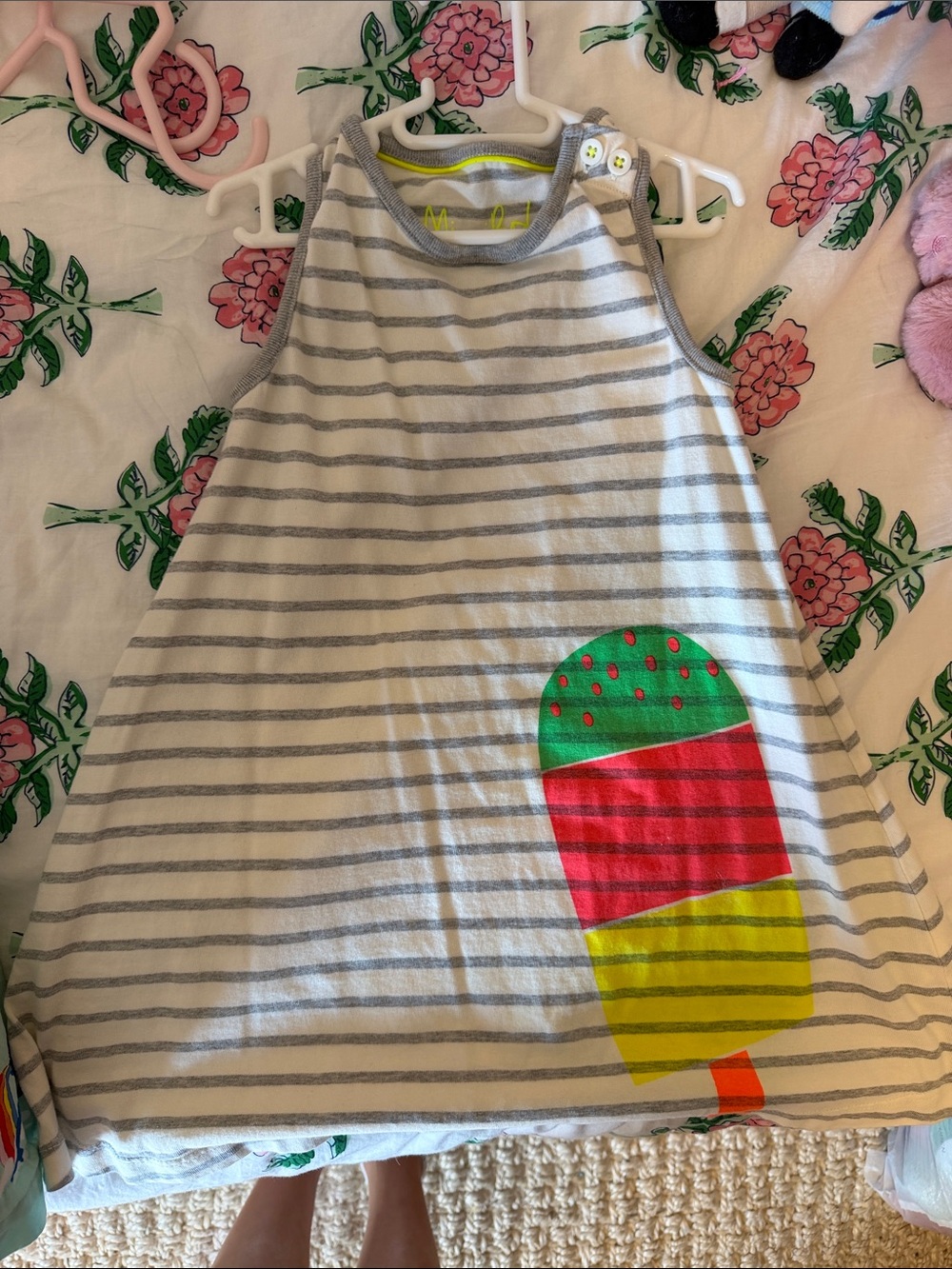 Mini Boden Grey & White Striped Tank Dress with Colorful Popsicle Print